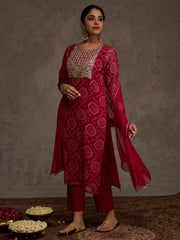 Pink Printed Straight Kurta Trousers With Dupatta set