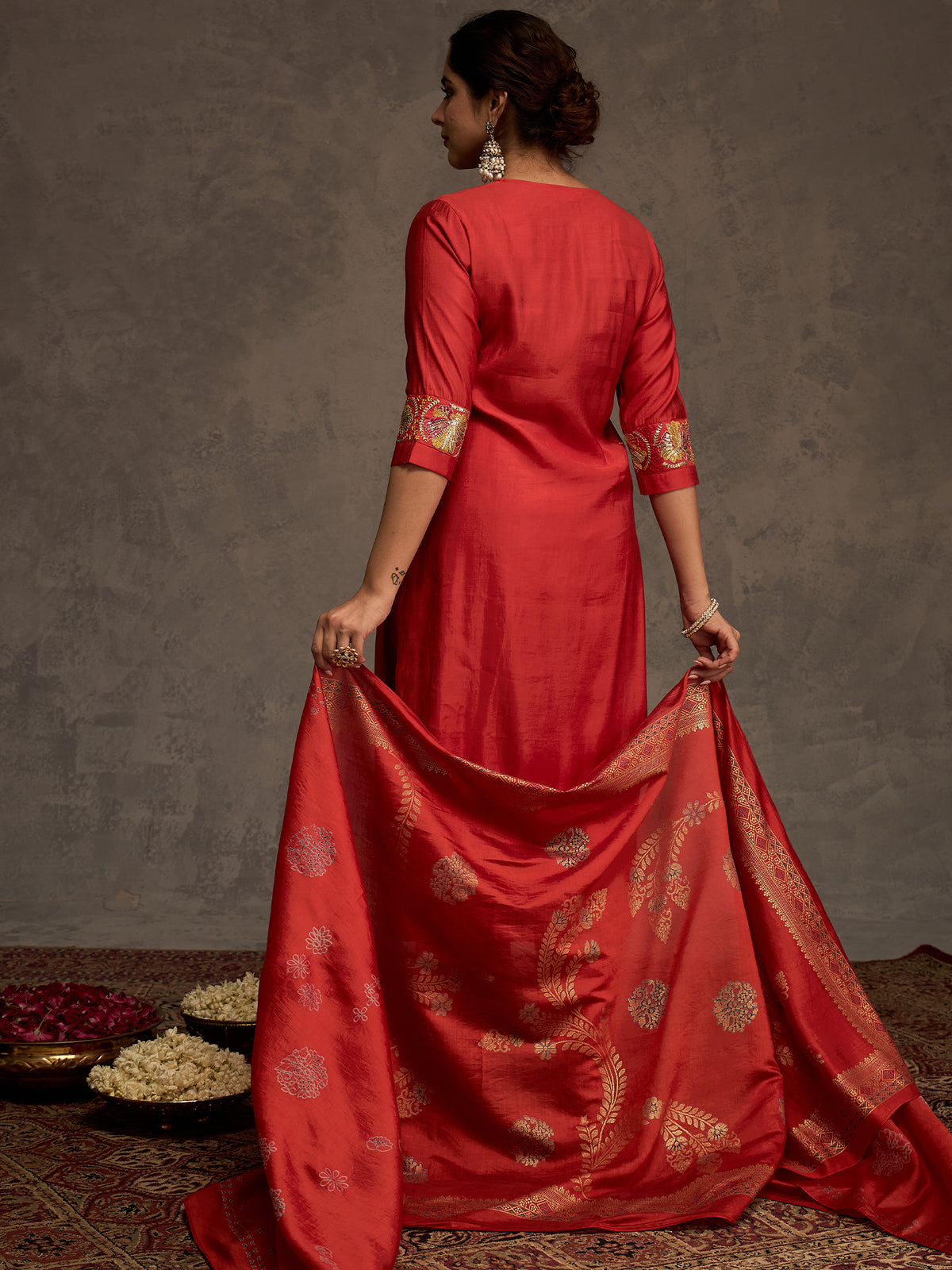 Rust Embroidered Straight Kurta Trousers With Dupatta Set-ST9KH164