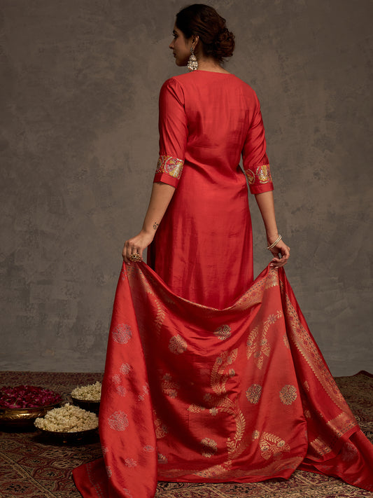 Rust Embroidered Straight Kurta Trousers With Dupatta Set-ST9KH164