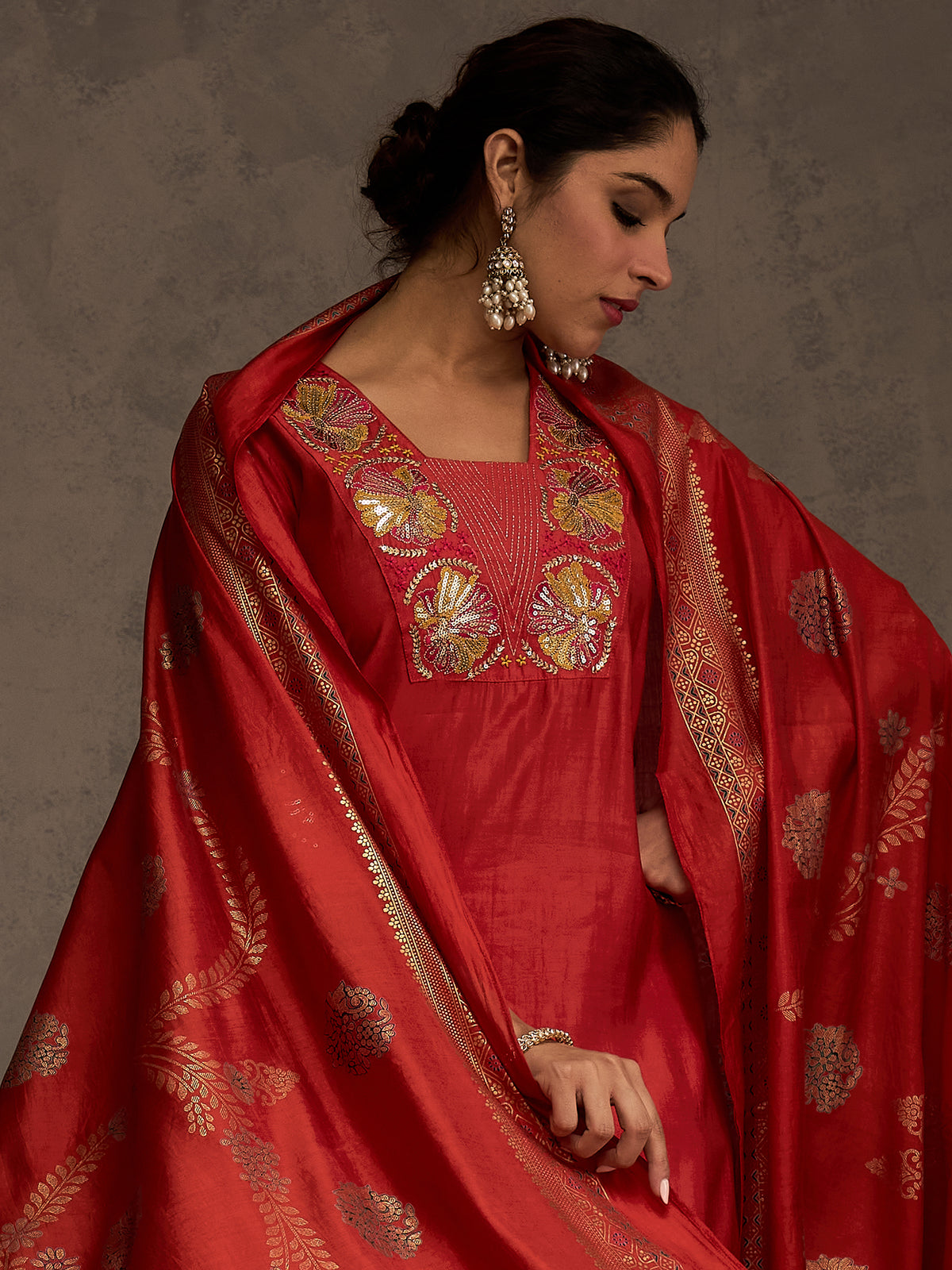 Rust Embroidered Straight Kurta Trousers With Dupatta Set-ST9KH164