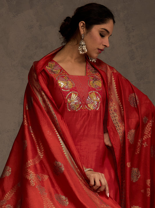 Rust Embroidered Straight Kurta Trousers With Dupatta Set-ST9KH164