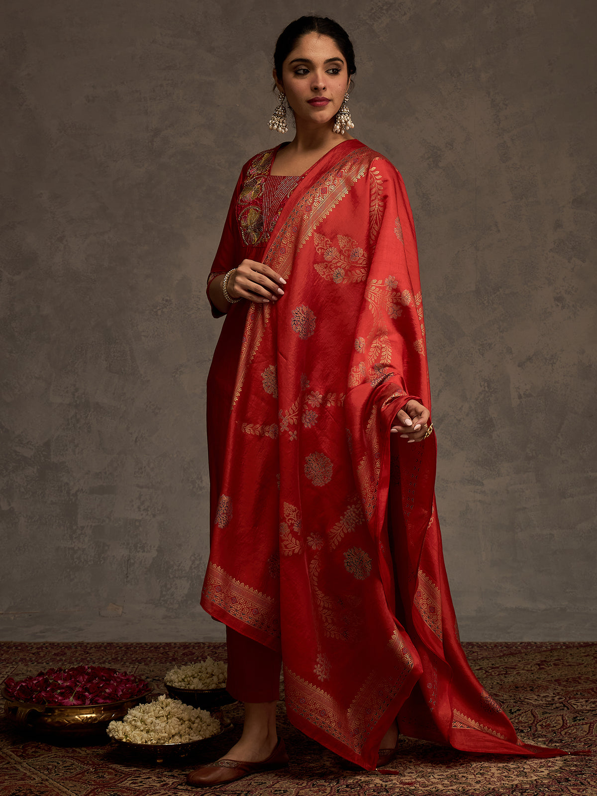 Rust Embroidered Straight Kurta Trousers With Dupatta Set-ST9KH164