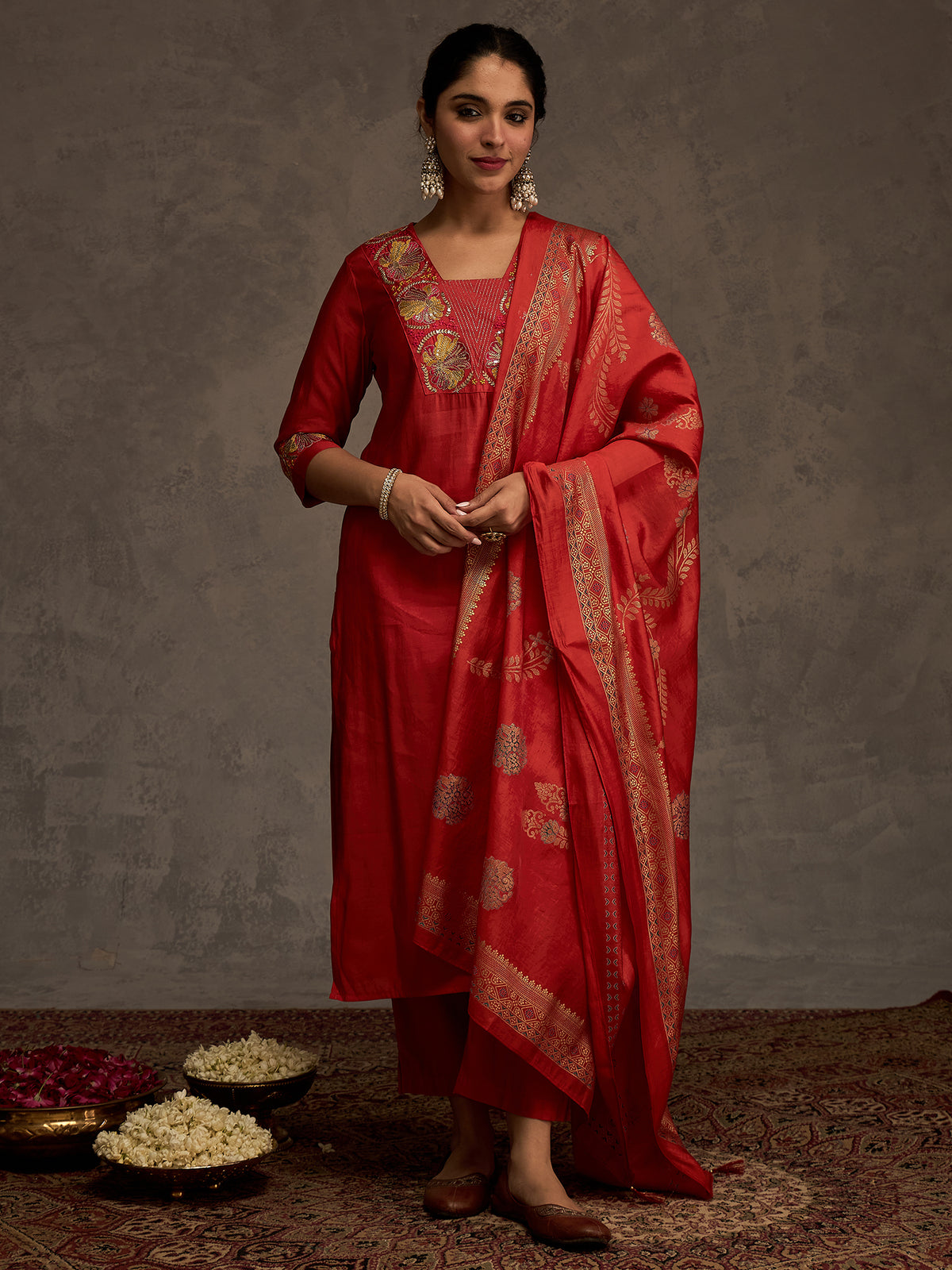 Rust Embroidered Straight Kurta Trousers With Dupatta Set-ST9KH164