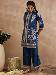 Indo Era Blue Printed Straight Kurta Palazzos Set