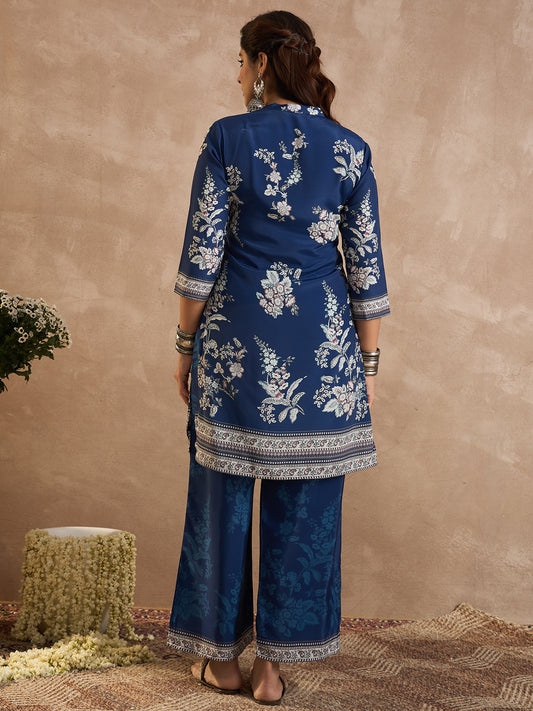 Indo Era Blue Printed Straight Kurta Palazzos Set