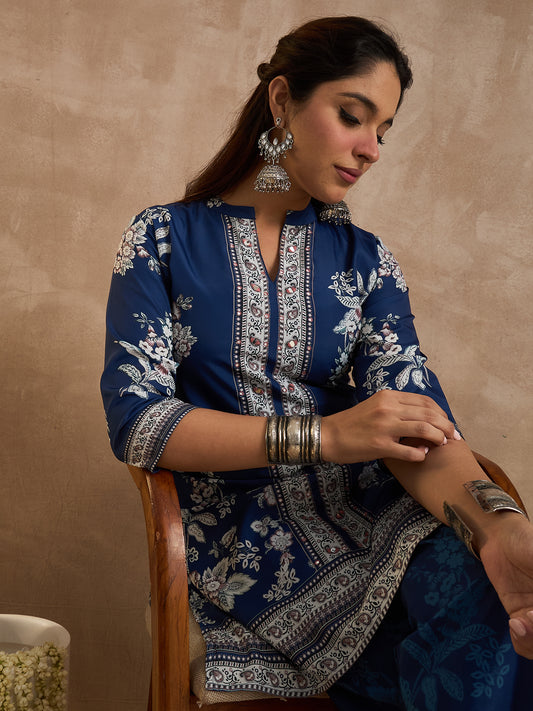 Indo Era Blue Printed Straight Kurta Palazzos Set