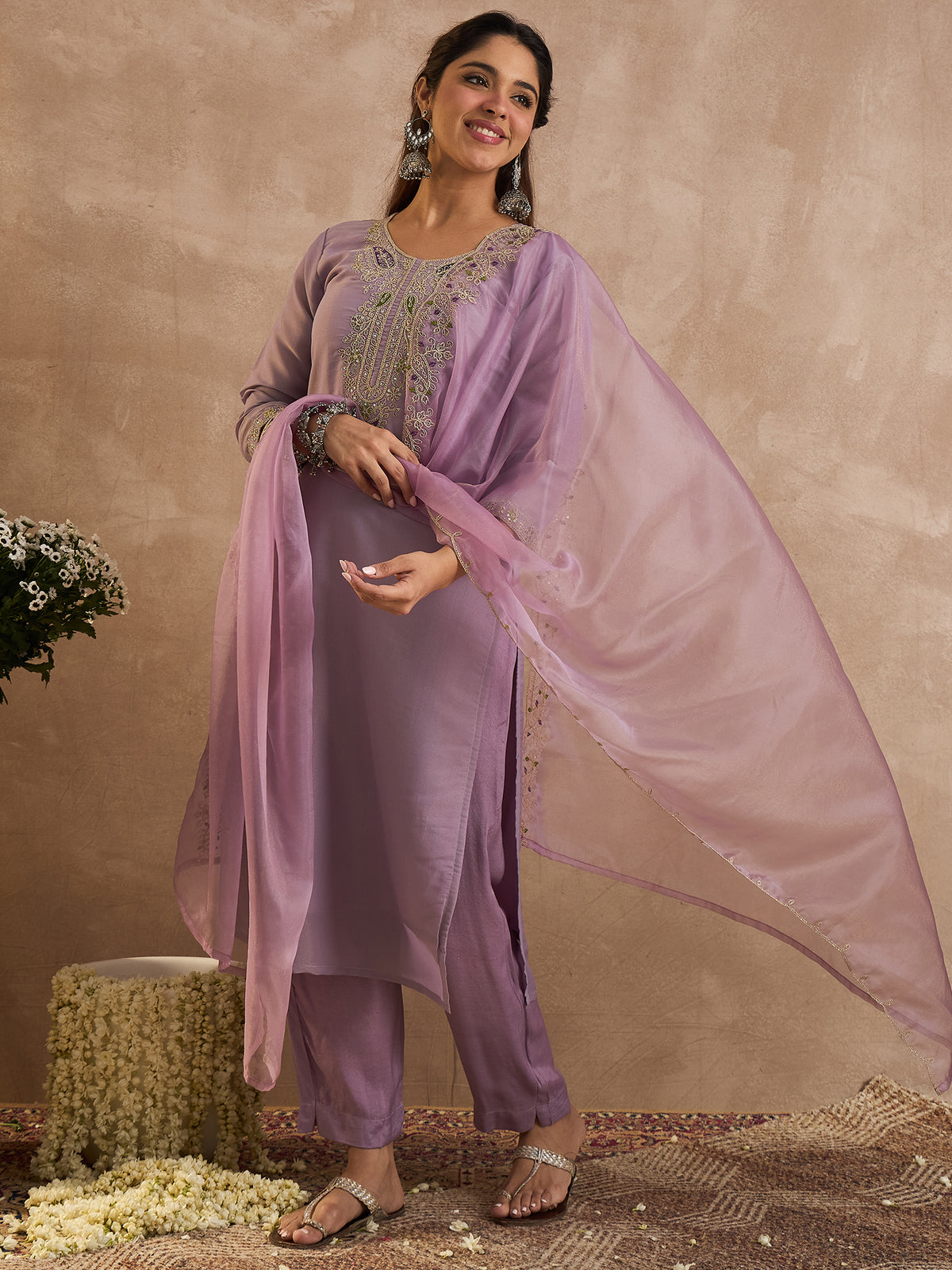 Lavender Embroidered Straight Kurta Trousers With Dupatta Set-KH9LV11468