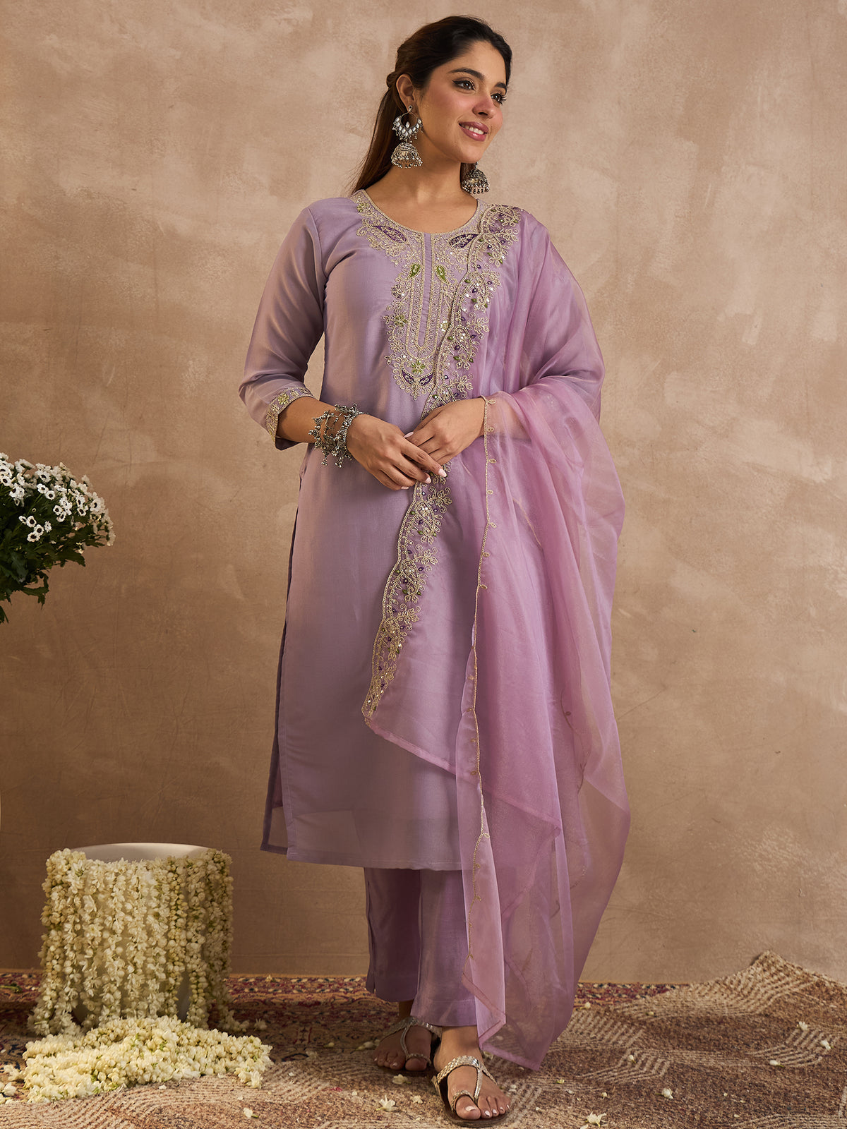 Lavender Embroidered Straight Kurta Trousers With Dupatta Set-KH9LV11468