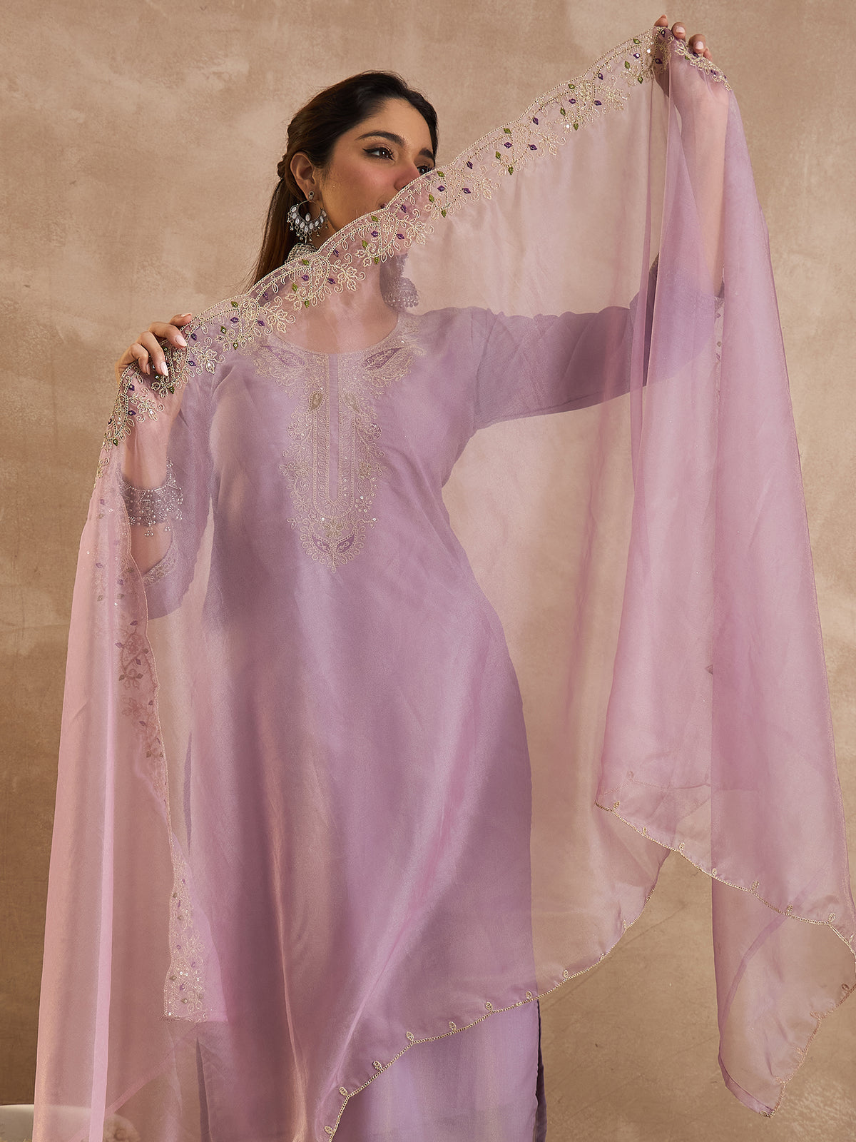 Lavender Embroidered Straight Kurta Trousers With Dupatta Set-KH9LV11468
