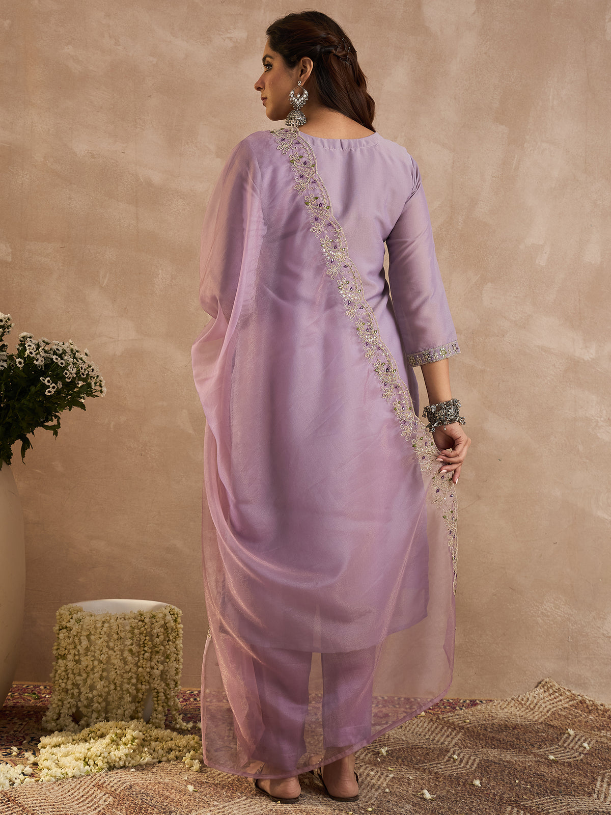 Lavender Embroidered Straight Kurta Trousers With Dupatta Set-KH9LV11468