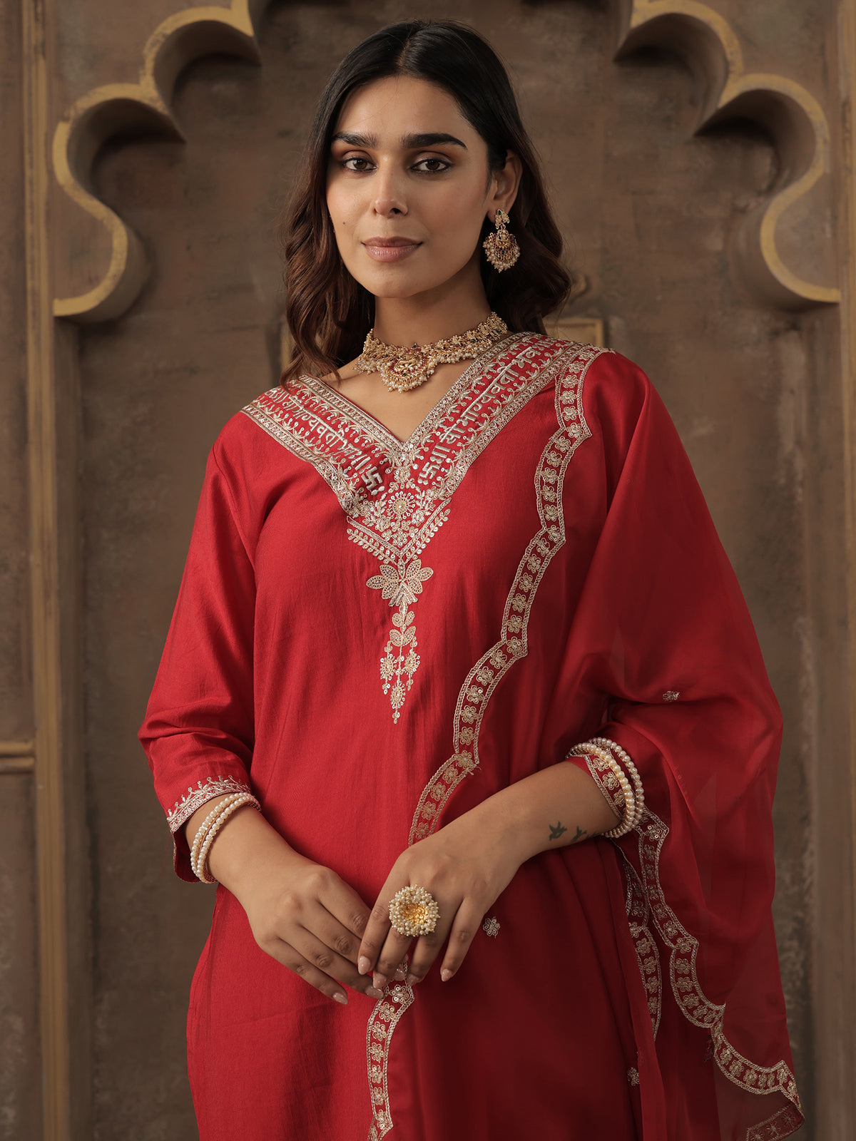 Red Embroidered Straight Kurta Trousers With Dupatta Set-KH1RD12299
