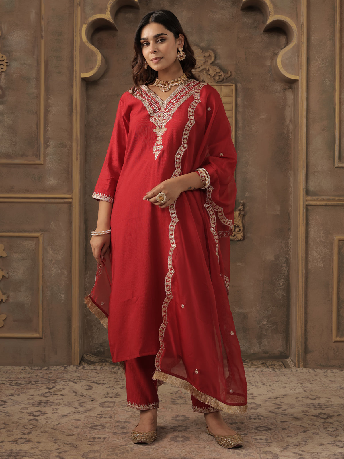 Red Embroidered Straight Kurta Trousers With Dupatta Set-KH1RD12299