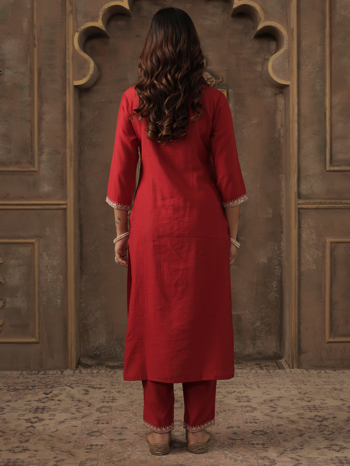 Red Embroidered Straight Kurta Trousers With Dupatta Set-KH1RD12299