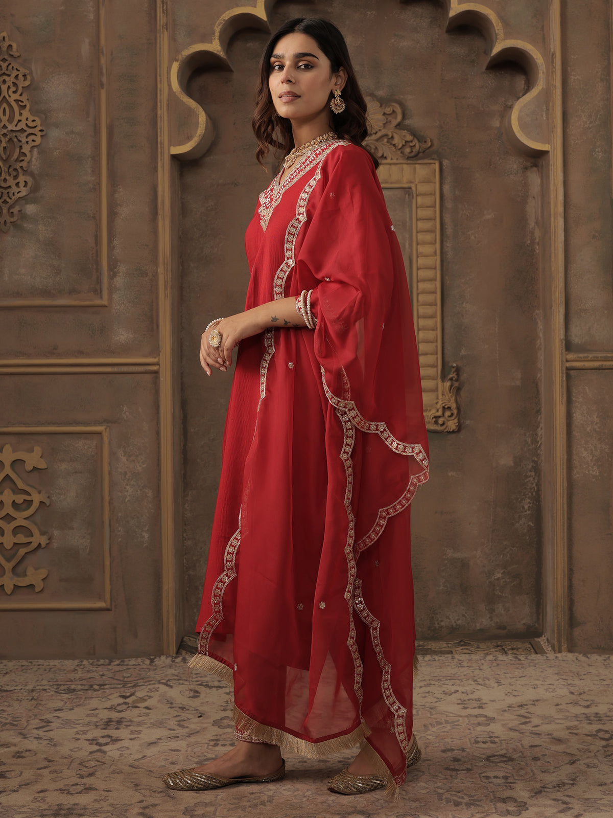 Red Embroidered Straight Kurta Trousers With Dupatta Set-KH1RD12299