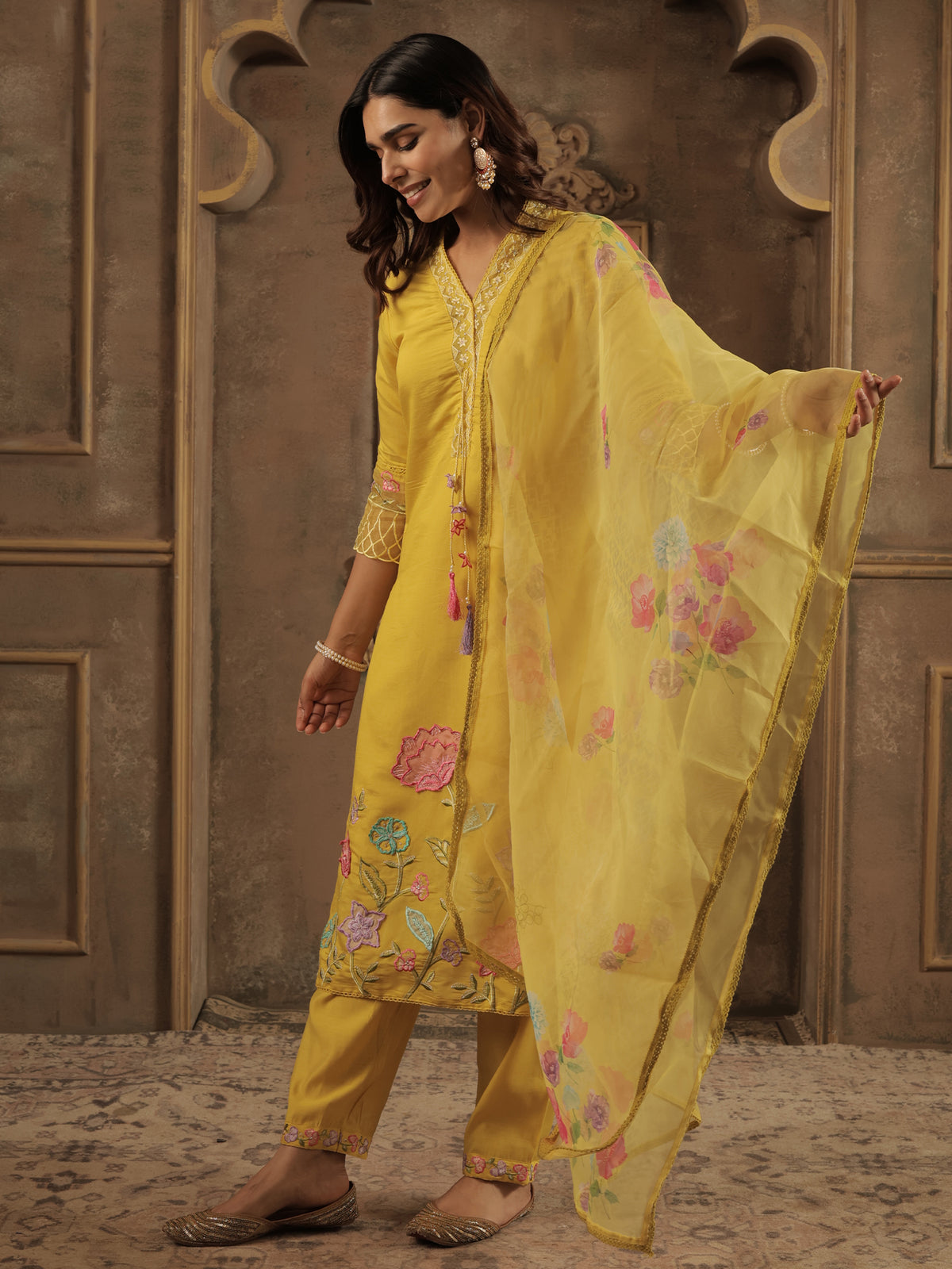 Mustard Embroidered Straight Kurta Trousers With Dupatta Set-KH9MT11609