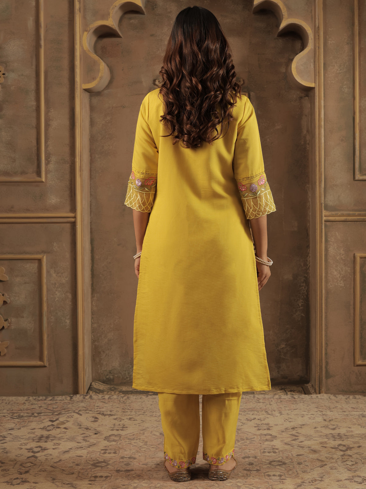 Mustard Embroidered Straight Kurta Trousers With Dupatta Set-KH9MT11609