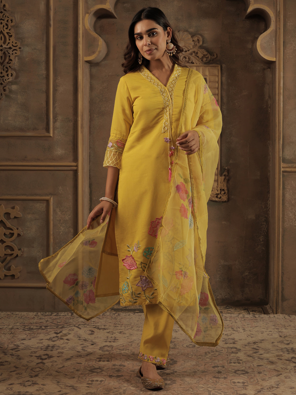 Mustard Embroidered Straight Kurta Trousers With Dupatta Set-KH9MT11609