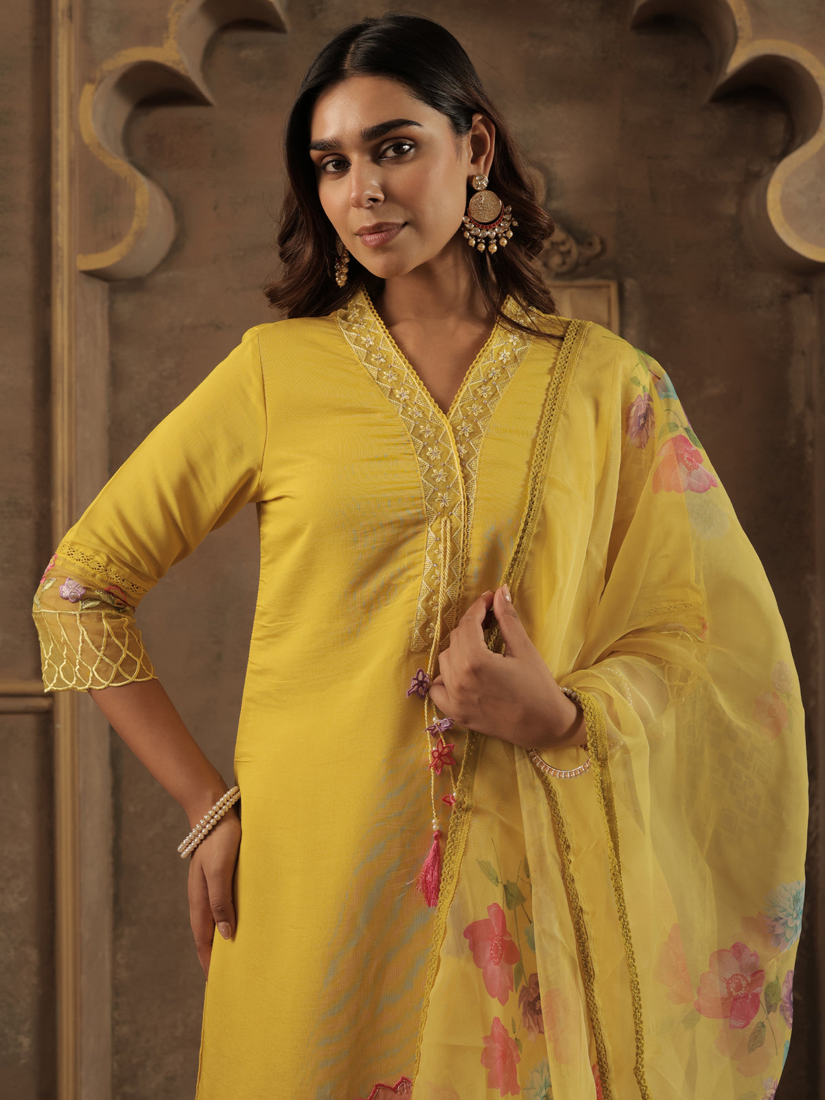 Mustard Embroidered Straight Kurta Trousers With Dupatta Set-KH9MT11609