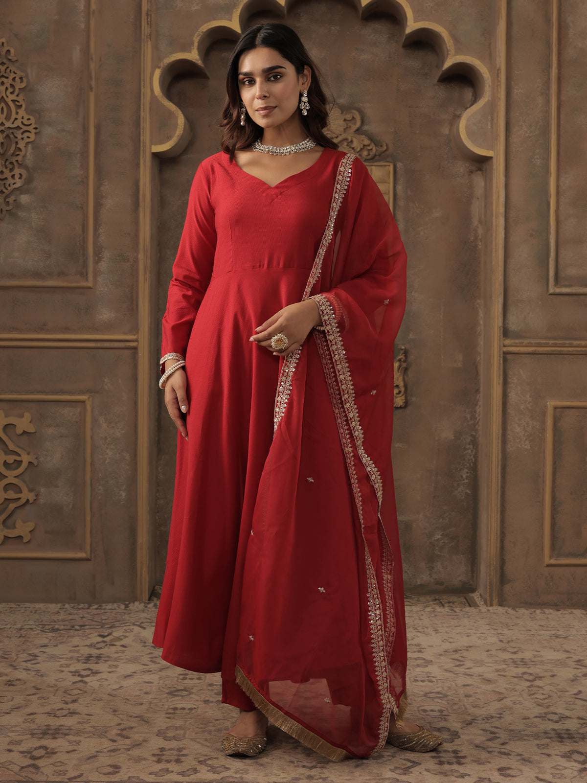 Red Solid A-Line Kurta Trousers With Dupatta set-KH1RD12301
