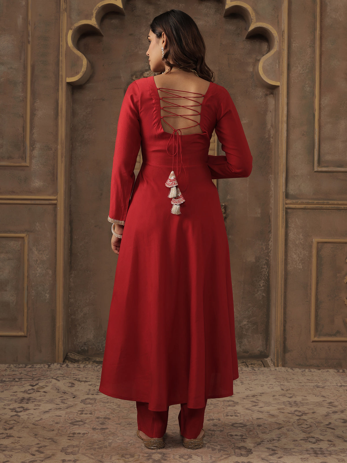 Red Solid A-Line Kurta Trousers With Dupatta set-KH1RD12301