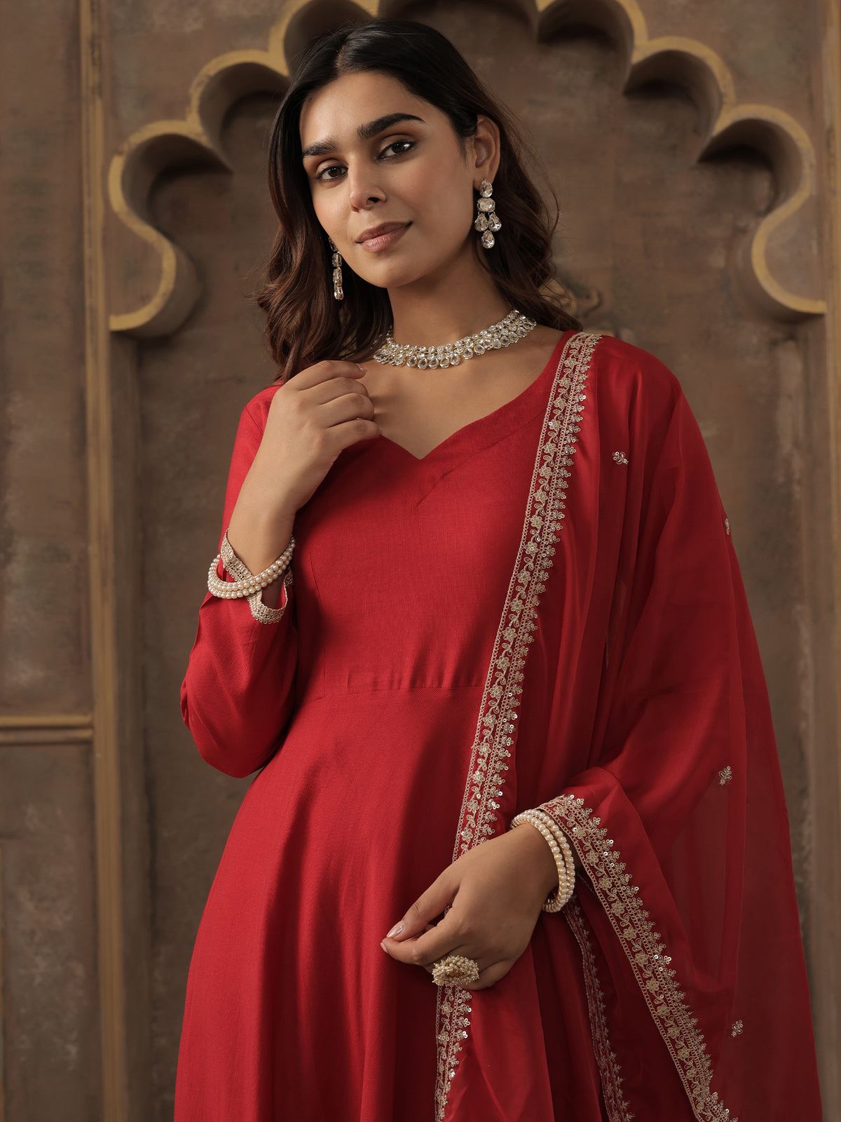 Red Solid A-Line Kurta Trousers With Dupatta set-KH1RD12301
