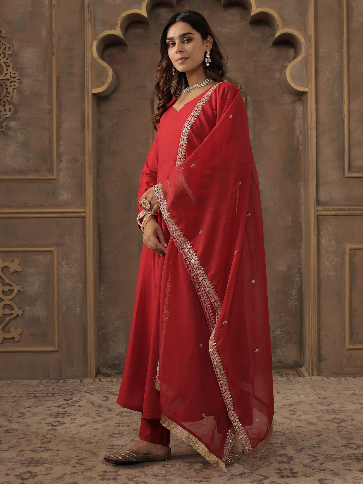 Red Solid A-Line Kurta Trousers With Dupatta set-KH1RD12301