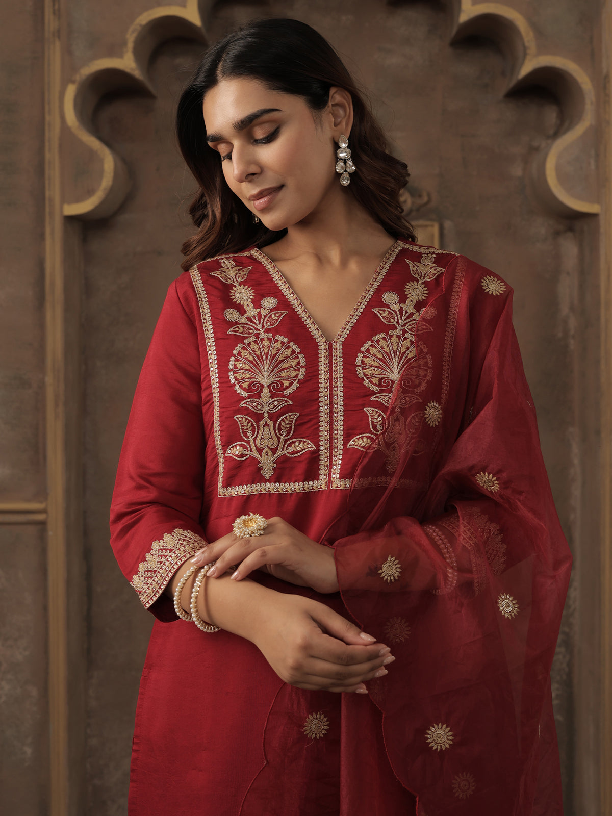 Maroon Embroidered Straight Kurta Trousers With Dupatta Set-KH9MR12459