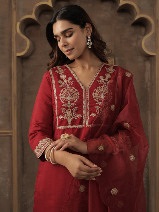 Maroon Embroidered Straight Kurta Trousers With Dupatta Set-KH9MR12459