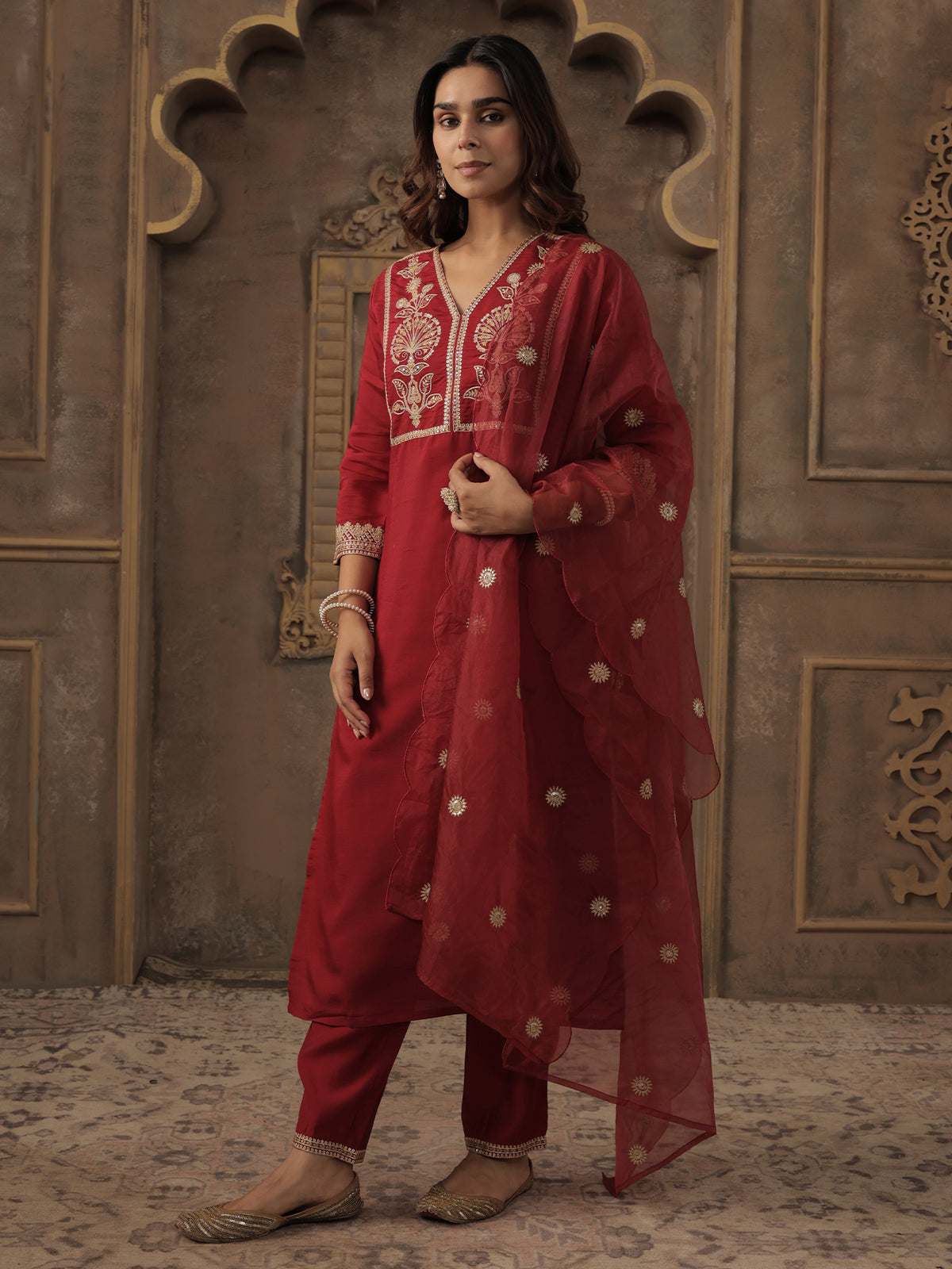 Maroon Embroidered Straight Kurta Trousers With Dupatta Set-KH9MR12459