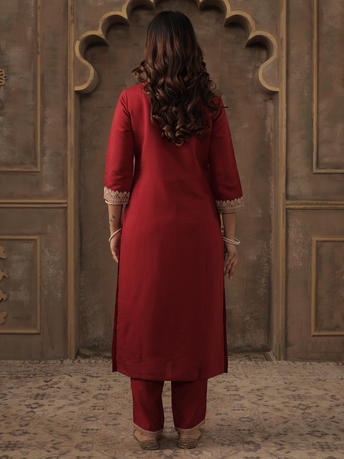 Maroon Embroidered Straight Kurta Trousers With Dupatta Set-KH9MR12459