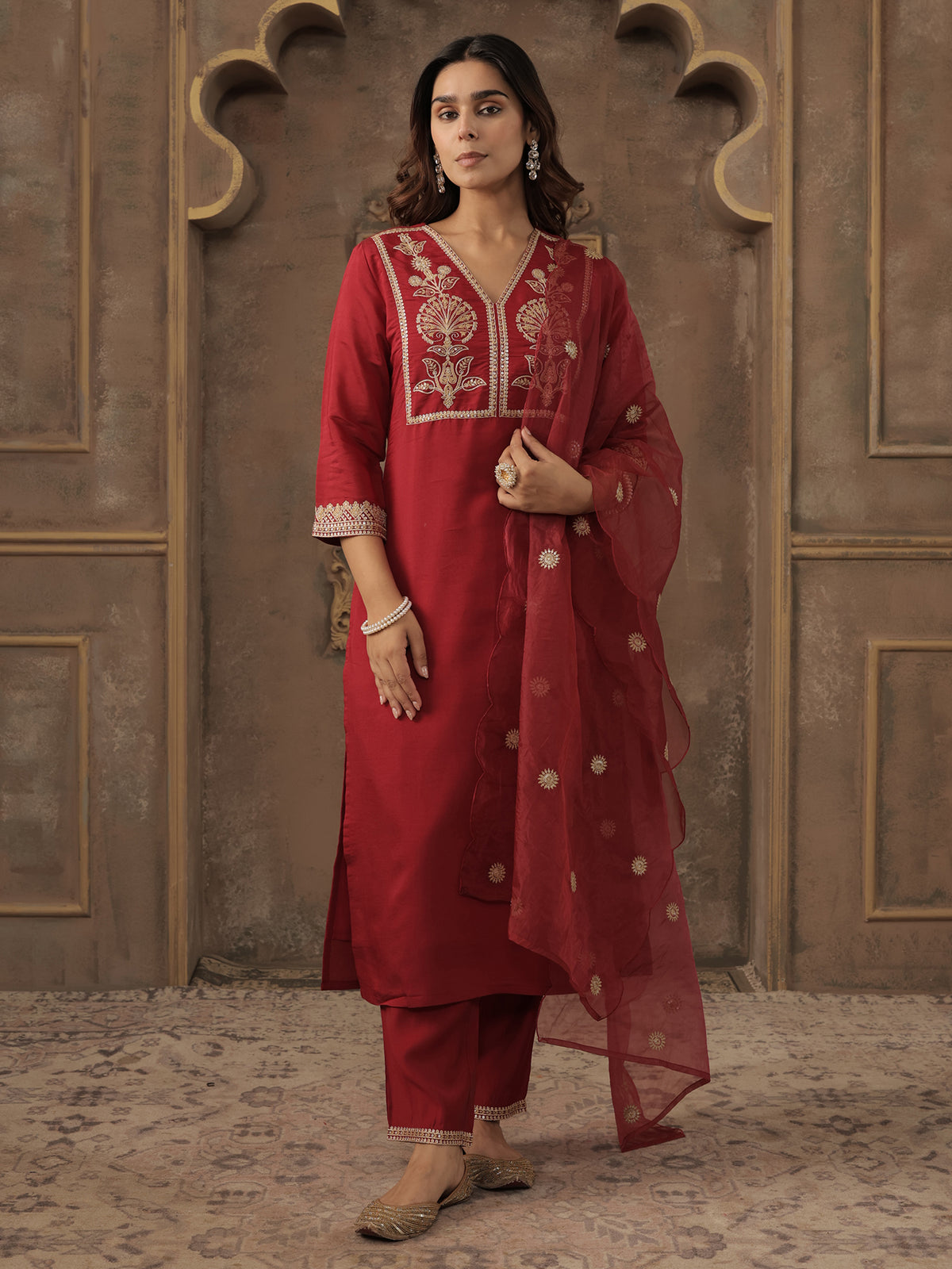 Maroon Embroidered Straight Kurta Trousers With Dupatta Set-KH9MR12459