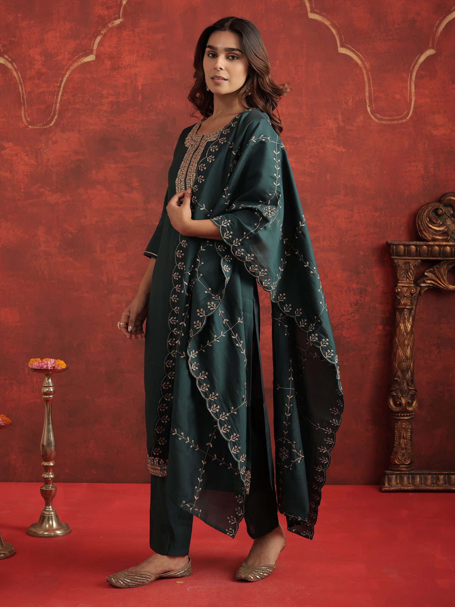 Green Embroidered Straight Kurta Trousers With Dupatta set
