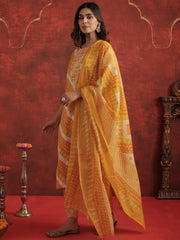 Mustard Printed Straight Kurta Trousers With Dupatta Set