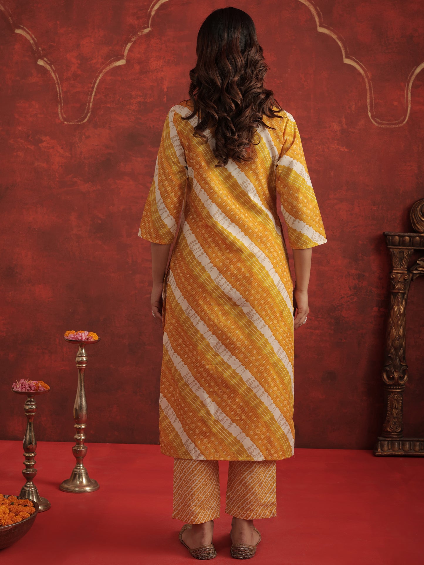 Mustard Printed Straight Kurta Trousers With Dupatta Set