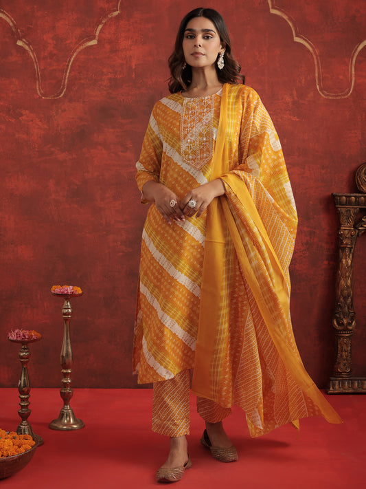 Mustard Printed Straight Kurta Trousers With Dupatta Set