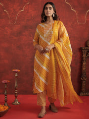 Mustard Printed Straight Kurta Trousers With Dupatta Set