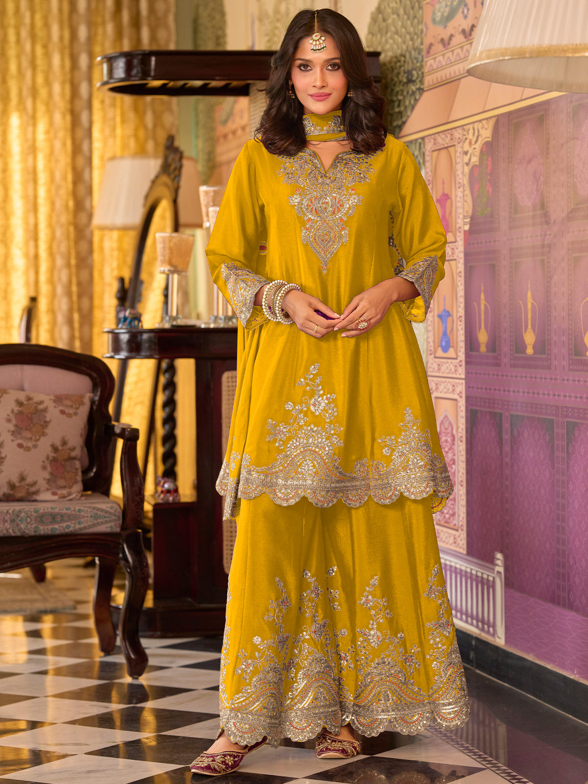 Green Embroidered A-Line Kurta Palazzos With Dupatta set-ST9KH195