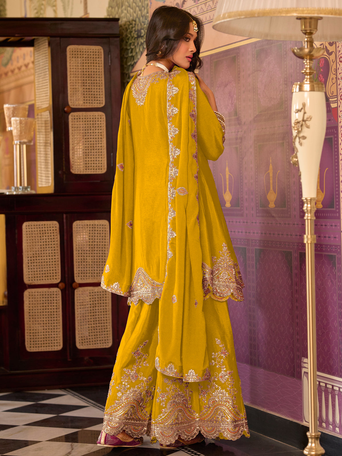 Green Embroidered A-Line Kurta Palazzos With Dupatta set-ST9KH195