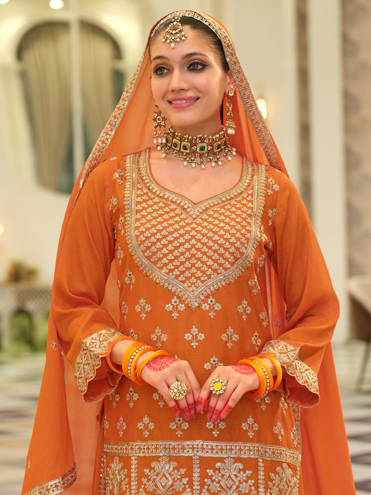Orange Embroidered Straight Kurta Skirt With Dupatta set-ST9KH214
