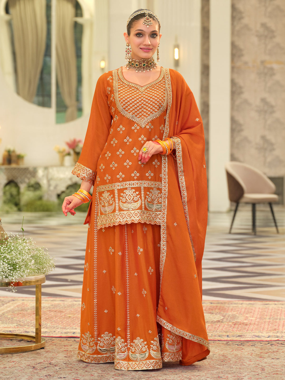 Orange Embroidered Straight Kurta Skirt With Dupatta set-ST9KH214