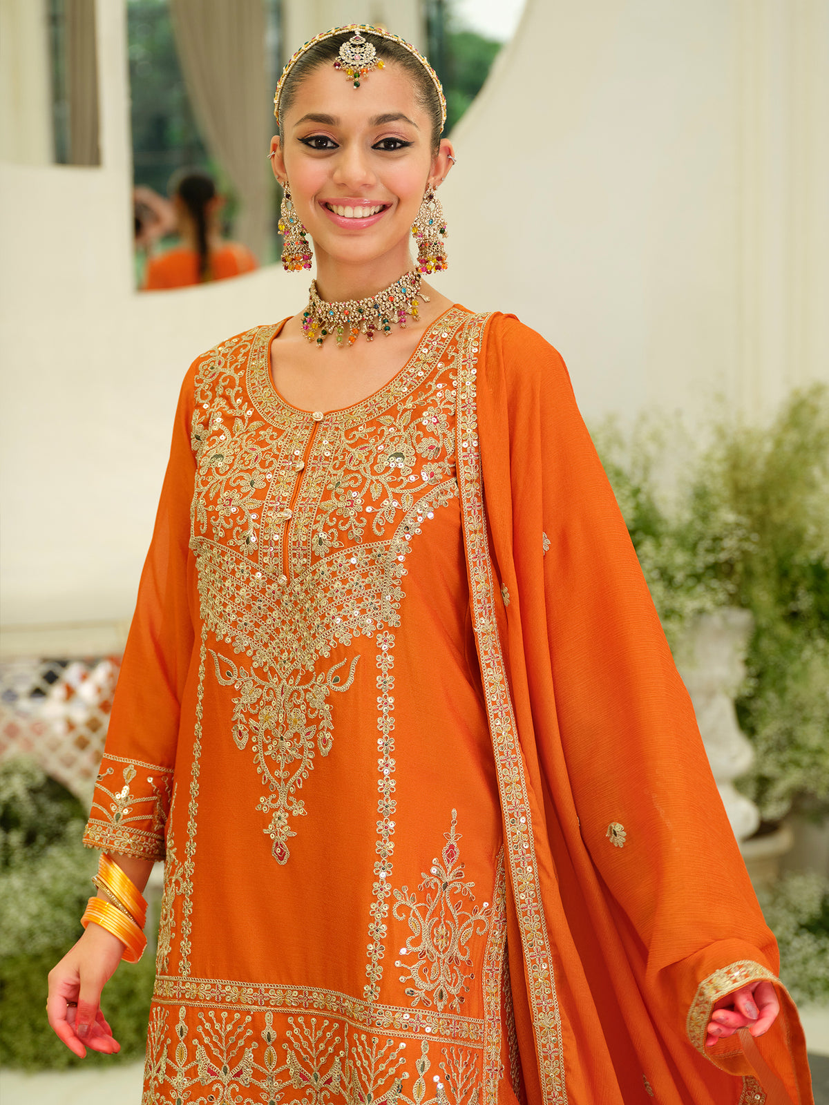 Orange Embroidered Straight Kurta Skirt With Dupatta set-ST9KH211