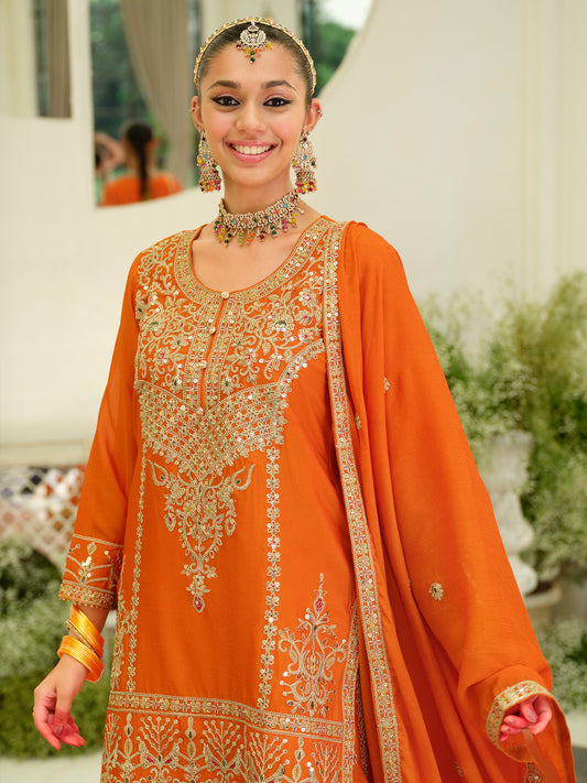 Orange Embroidered Straight Kurta Skirt With Dupatta set-ST9KH211