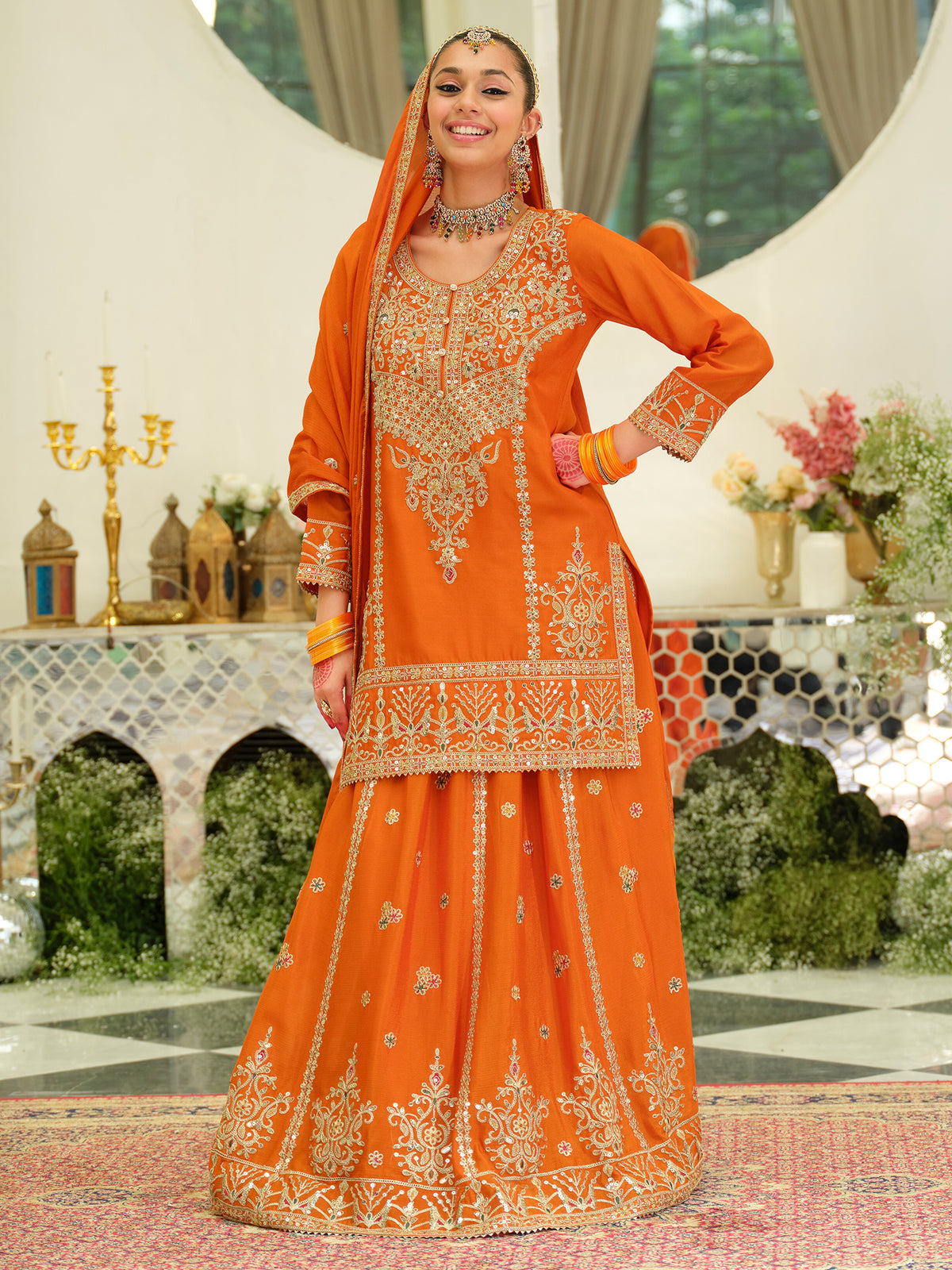 Orange Embroidered Straight Kurta Skirt With Dupatta set-ST9KH211