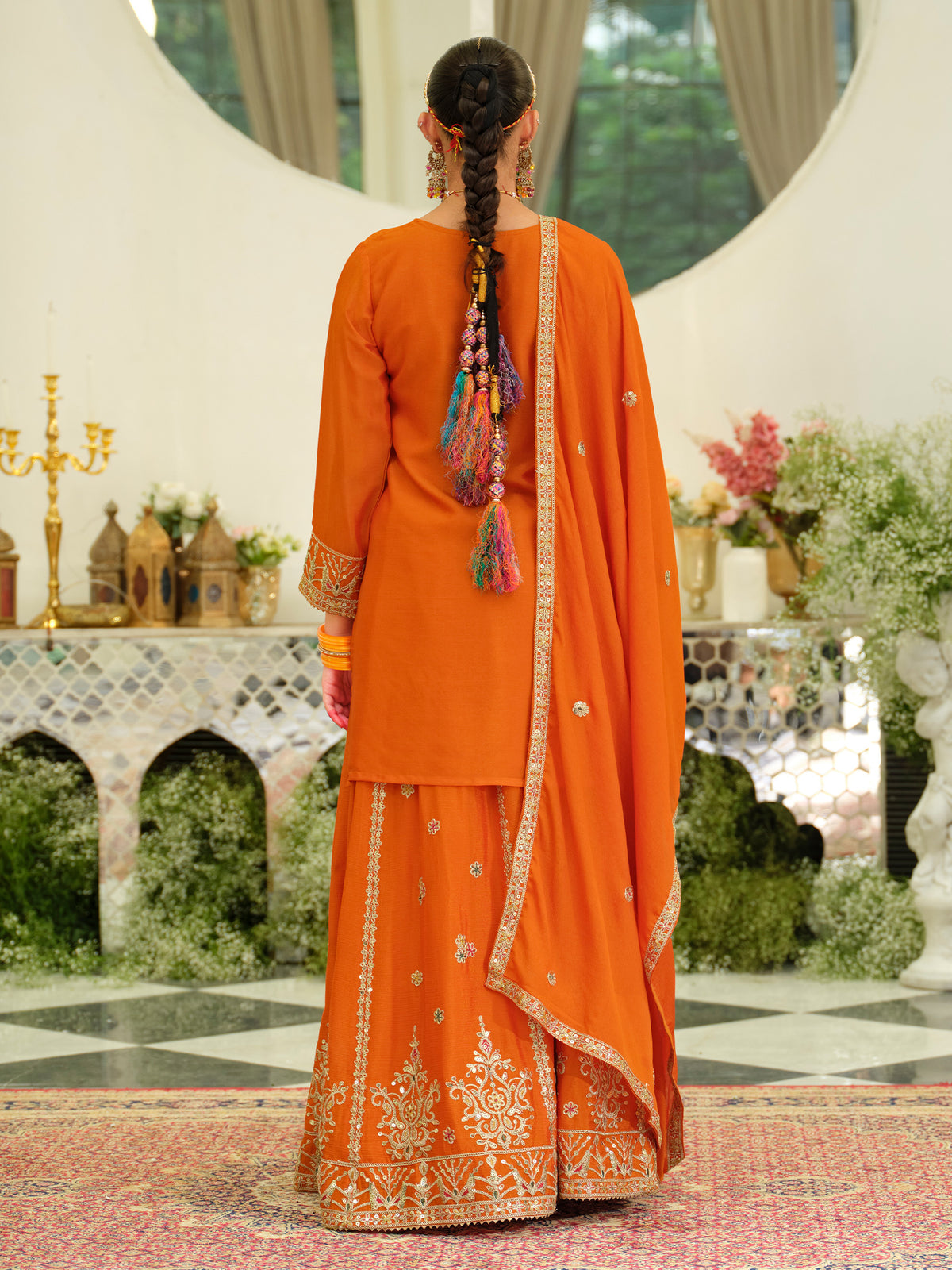 Orange Embroidered Straight Kurta Skirt With Dupatta set-ST9KH211