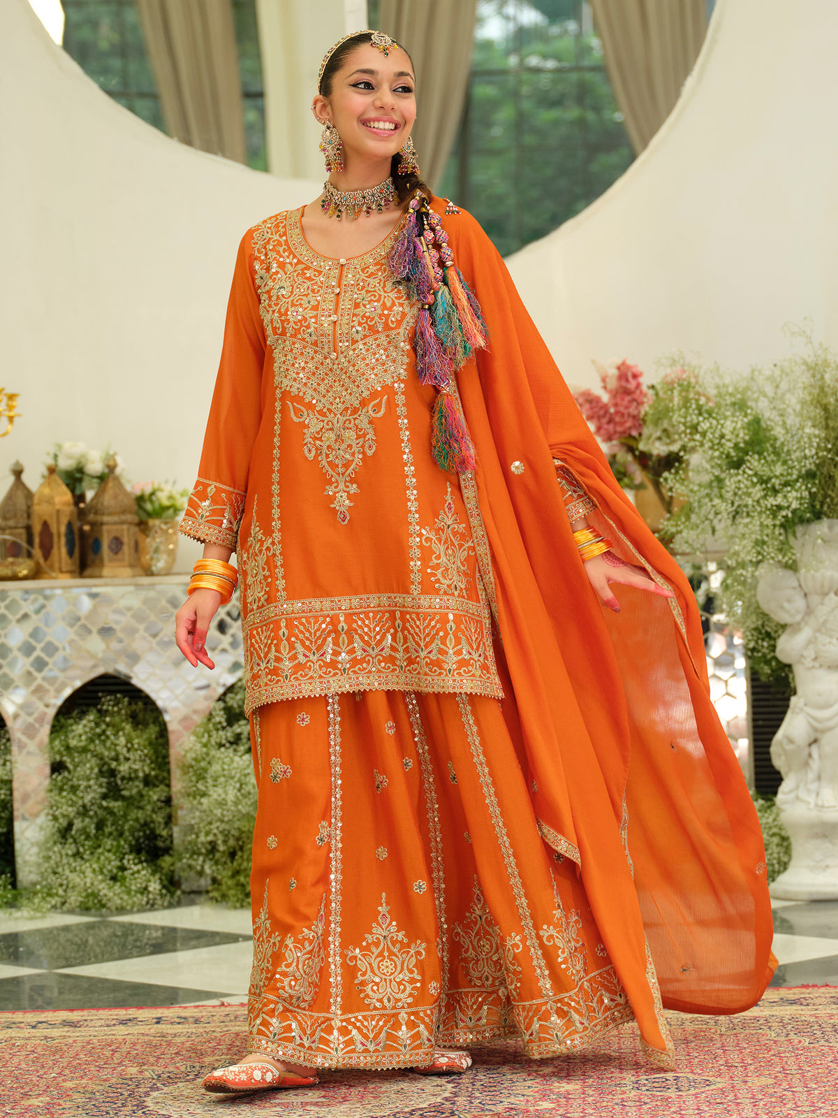 Orange Embroidered Straight Kurta Skirt With Dupatta set-ST9KH211