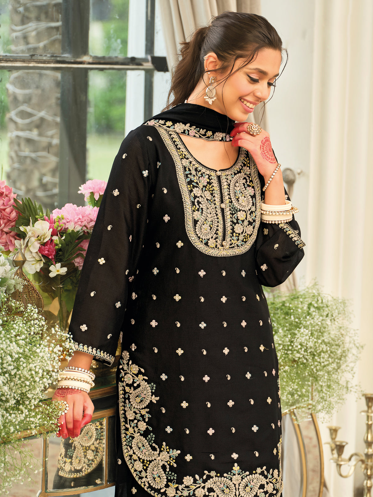 Black Embroidered Straight Kurta Palazzos With Dupatta set