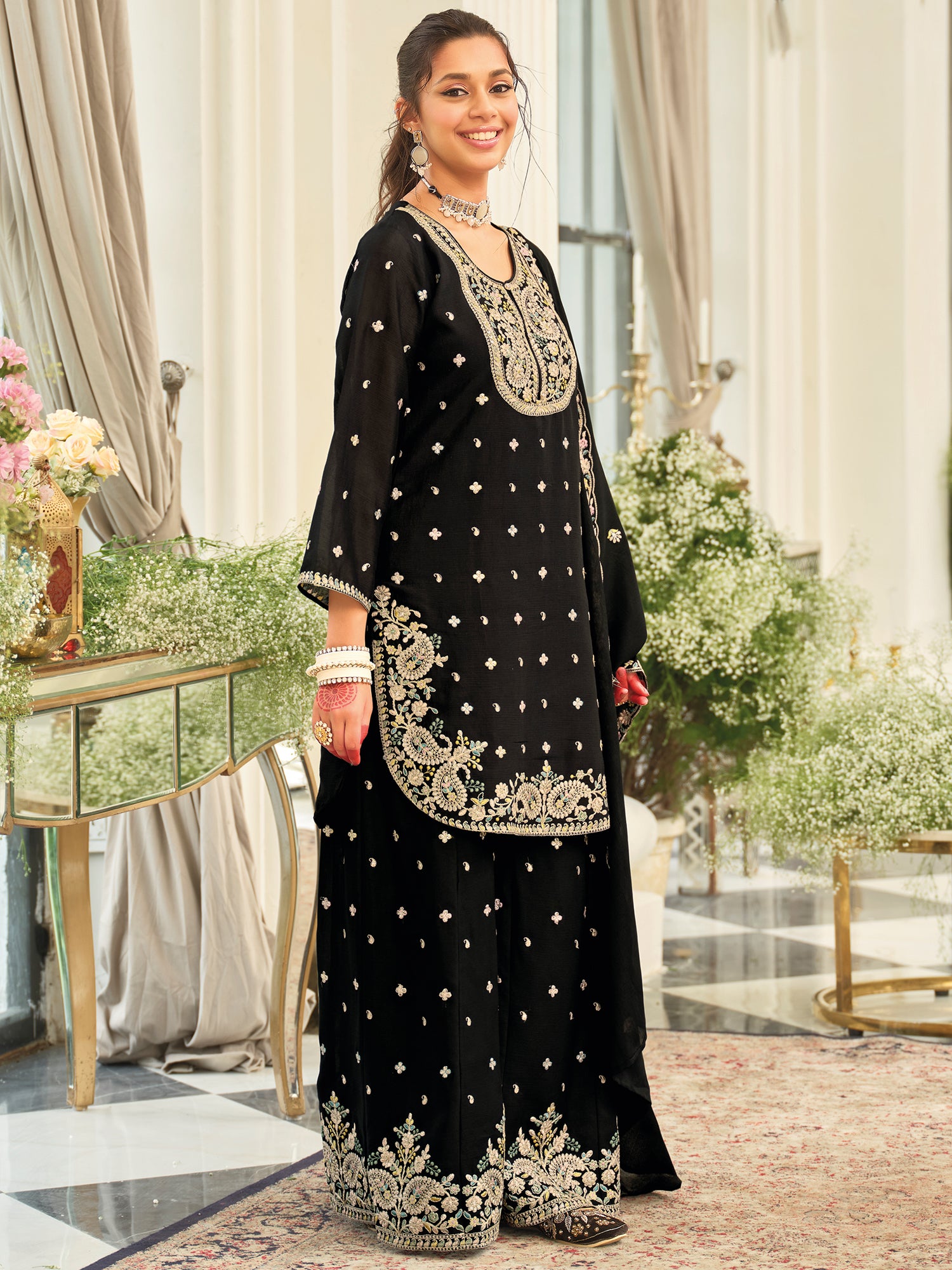 Black Embroidered Straight Kurta Palazzos With Dupatta set