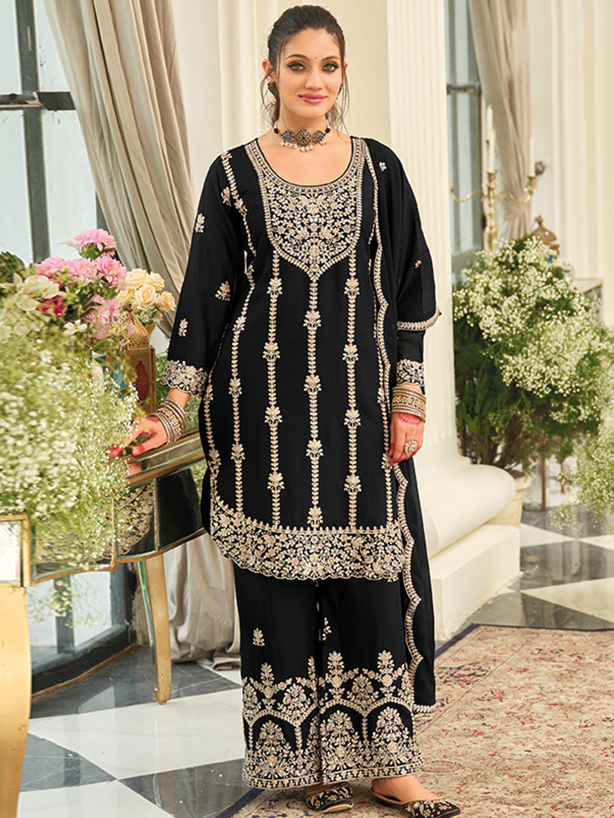 Black Embroidered Straight Kurta Palazzos With Dupatta set