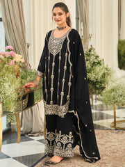 Black Embroidered Straight Kurta Palazzos With Dupatta set