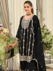 Black Embroidered Straight Kurta Palazzos With Dupatta set
